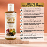 Kalonji Gold Hair Oil by Glam & Curious, herbal growth formula with onion, garlic, and methi for stronger, thicker, shinier hair.
