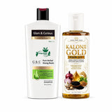 Glam & Curious herbal shampoo bottle with Kalonji hair oil, promoting hair growth, dandruff control, and scalp repair.