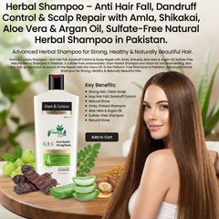 Glam & Curious herbal shampoo for anti hair fall, dandruff control, with amla, shikakai, aloe vera, and argan oil for healthy hair.