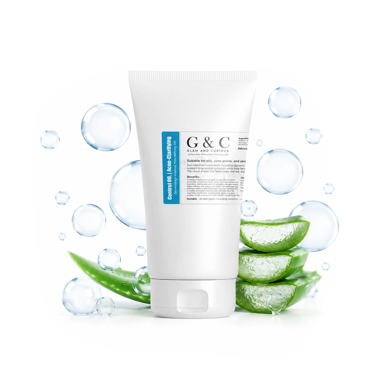 Glam & Curious Clarifying Salicylic Gel Cleanser for acne and oil control, featuring a pump bottle with clear gel inside.