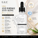 Glam & Curious whitening and anti-aging face serum with hyaluronic acid and niacinamide, shown in a clear glass bottle with dropper.