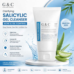 Glam & Curious Clarifying Salicylic Gel Cleanser for acne and oil control, with gel texture and clear packaging.