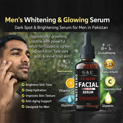 Men’s whitening and brightening serum by Glam & Curious showing a sleek serum bottle on a clean surface.