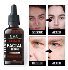 Men’s whitening and brightening serum by Glam & Curious with a dropper applicator, showing a clear serum in a sleek bottle.