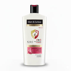Glam & Curious anti-hair fall shampoo and conditioner set with nourishing roots and repairing formula for strong hair.