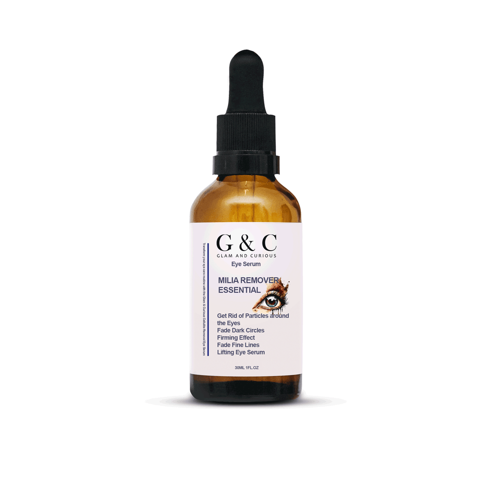 Glam & Curious Milia Removal Essential Eye Serum showing a sleek bottle, designed to reduce dark circles, fine lines, and lift the eye area.