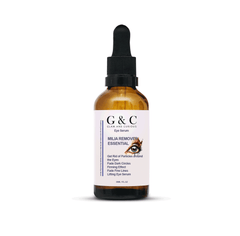 Glam & Curious Milia Removal Essential Eye Serum showing a sleek bottle, designed to reduce dark circles, fine lines, and lift the eye area.