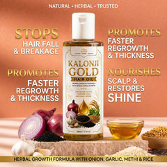 Glam & Curious Kalonji Gold Hair Oil with onion, garlic, and methi for herbal hair growth, strength, and shine.