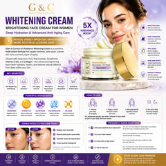 Glam & Curious whitening face cream for women, deeply hydrating anti-aging skincare with brightening and skin renewal benefits.