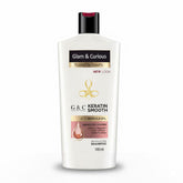 Glam & Curious keratin hair shampoo bottle with label, showcasing a smooth, healthy hair care product for frizz control and shine.