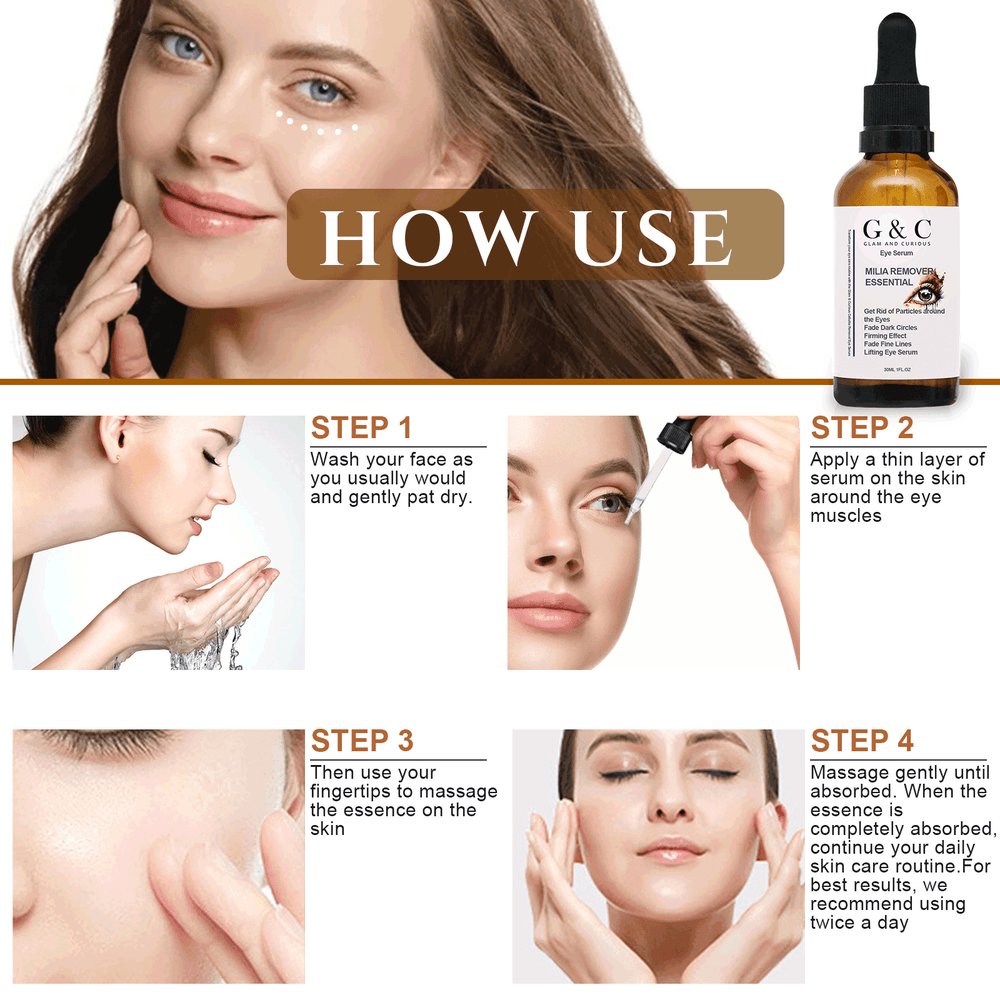 Milia Removal Essential Eye Serum Get rid of particles around the eyes, Fade dark circles Firming Fade fine lines Lifting Eye Serum - Glam & Curious