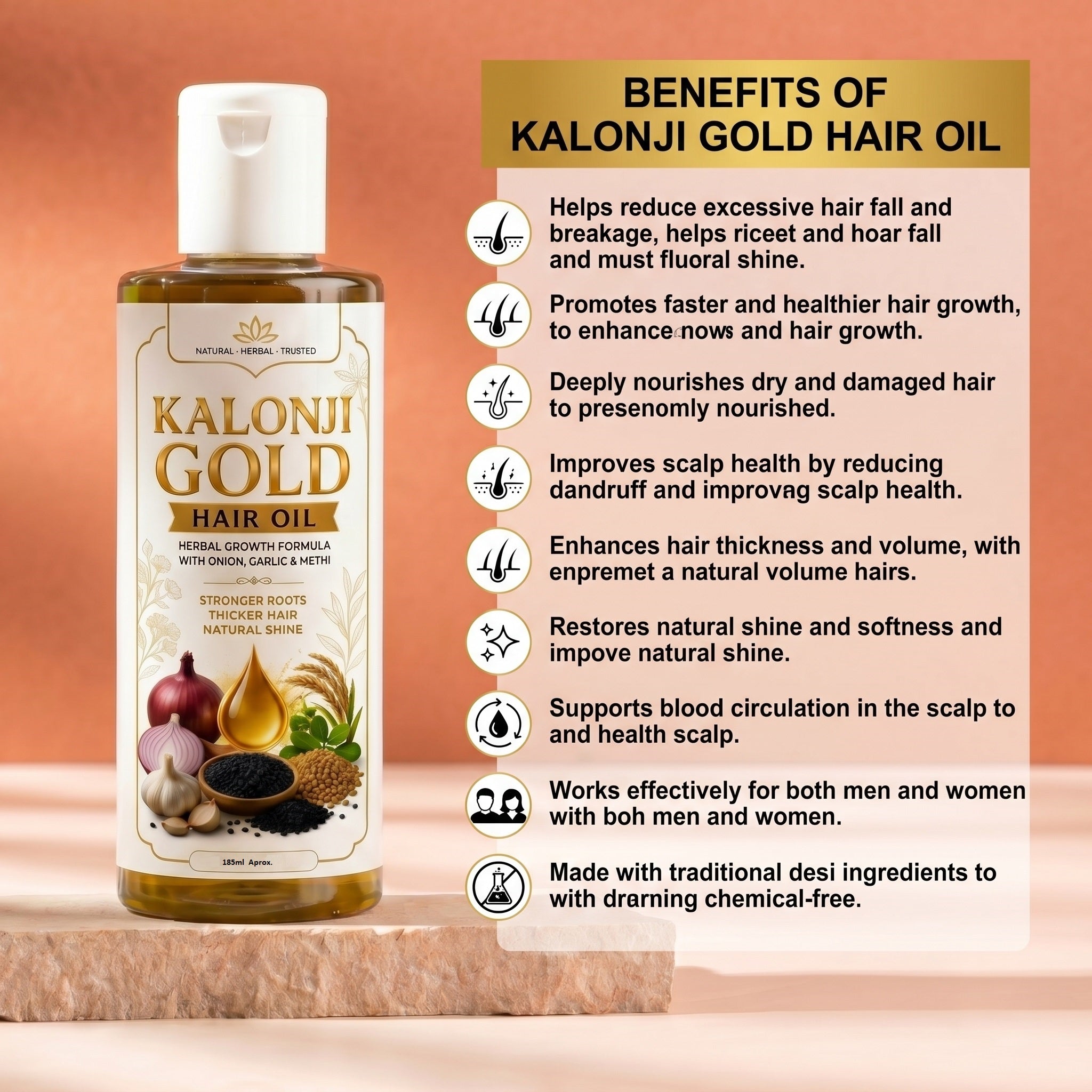 Kalonji Gold Hair Oil by Glam & Curious, herbal growth formula with onion, garlic, and methi for stronger, thicker, shinier hair.