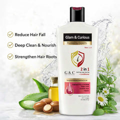 Glam & Curious 2-in-1 anti hair fall shampoo and conditioner for strong, nourished, and repaired hair with root care benefits.