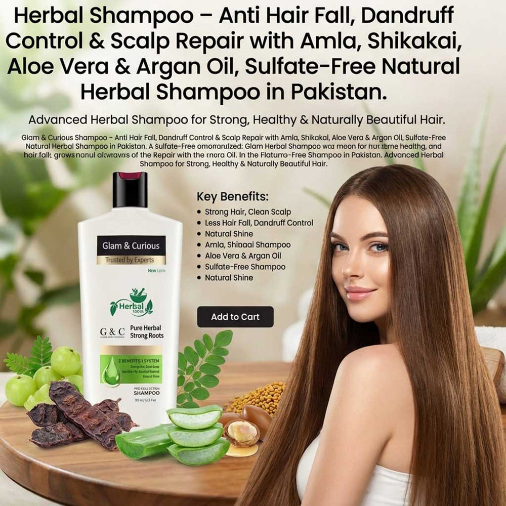 Glam & Curious herbal shampoo for anti hair fall, dandruff control, with amla, shikakai, aloe vera, and argan oil for healthy hair.