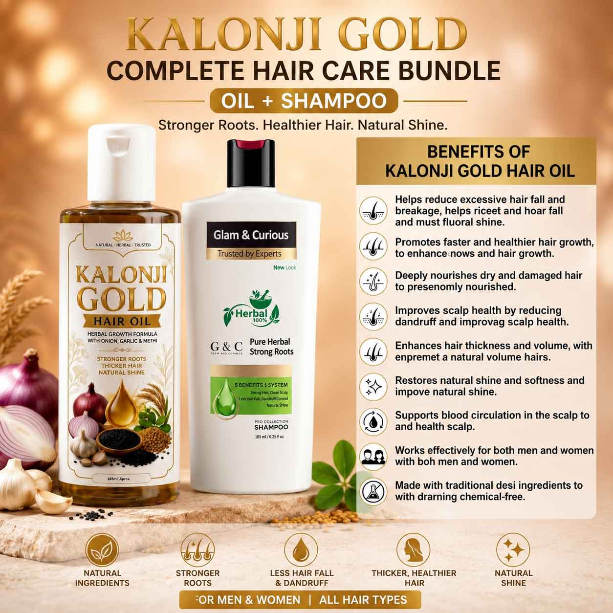 Glam & Curious herbal shampoo and kalonji hair oil bundle for hair growth, dandruff control, and scalp repair in Pakistan.