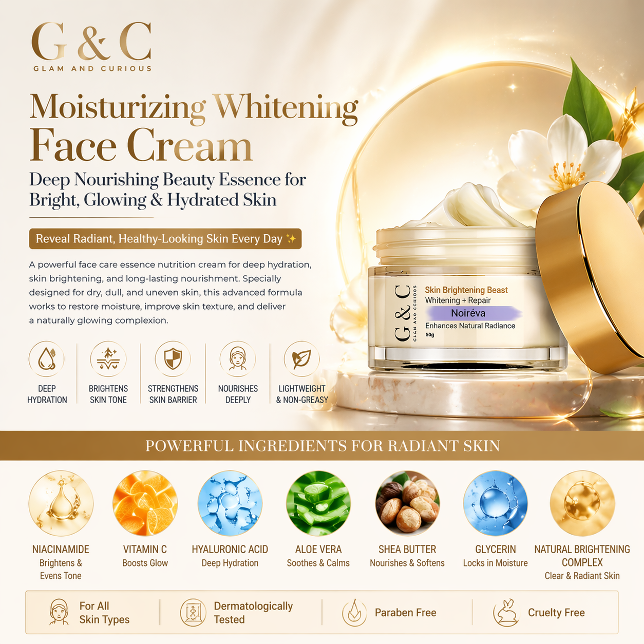 Glam & Curious moisturizing whitening face cream in a jar, showcasing its smooth, brightening, and hydrating skincare formula.