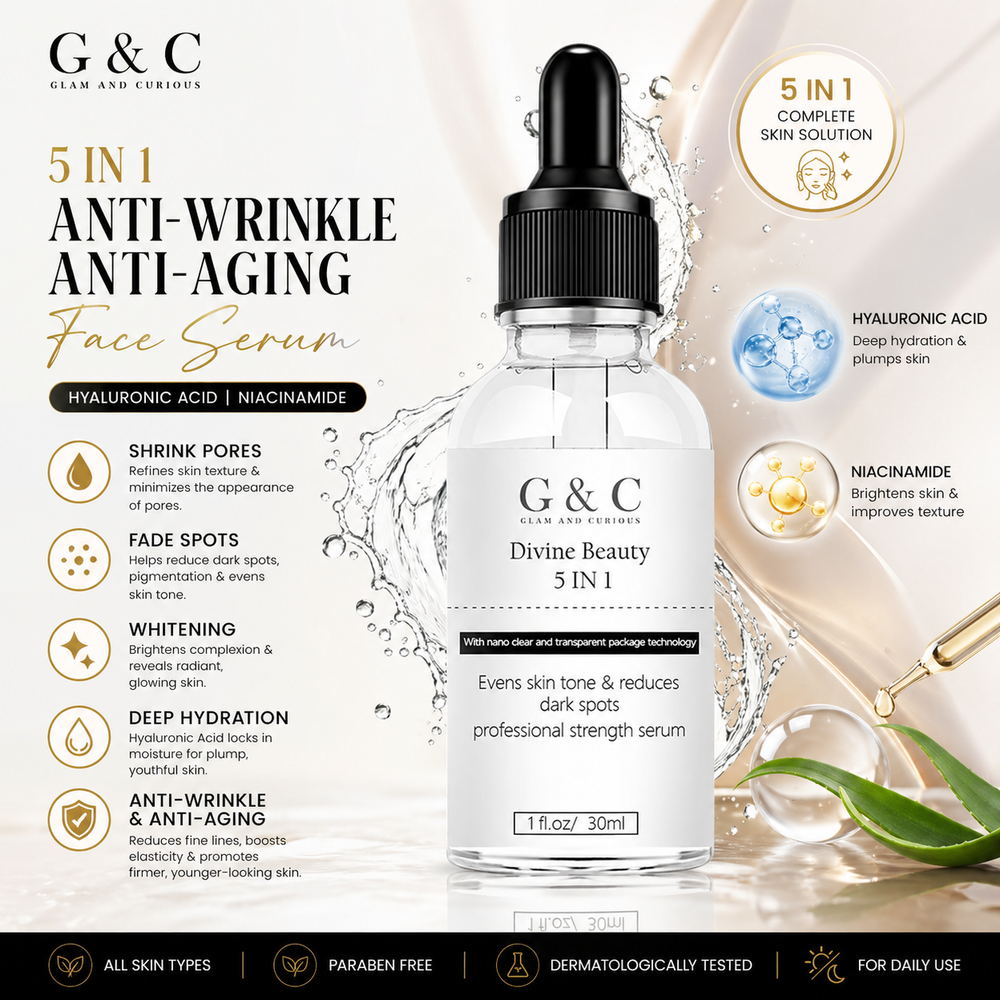 Glam & Curious whitening and anti-aging face serum with hyaluronic acid and niacinamide, shown in a clear glass bottle with dropper.
