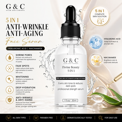Glam & Curious whitening and anti-aging face serum with hyaluronic acid and niacinamide, shown in a clear glass bottle with dropper.