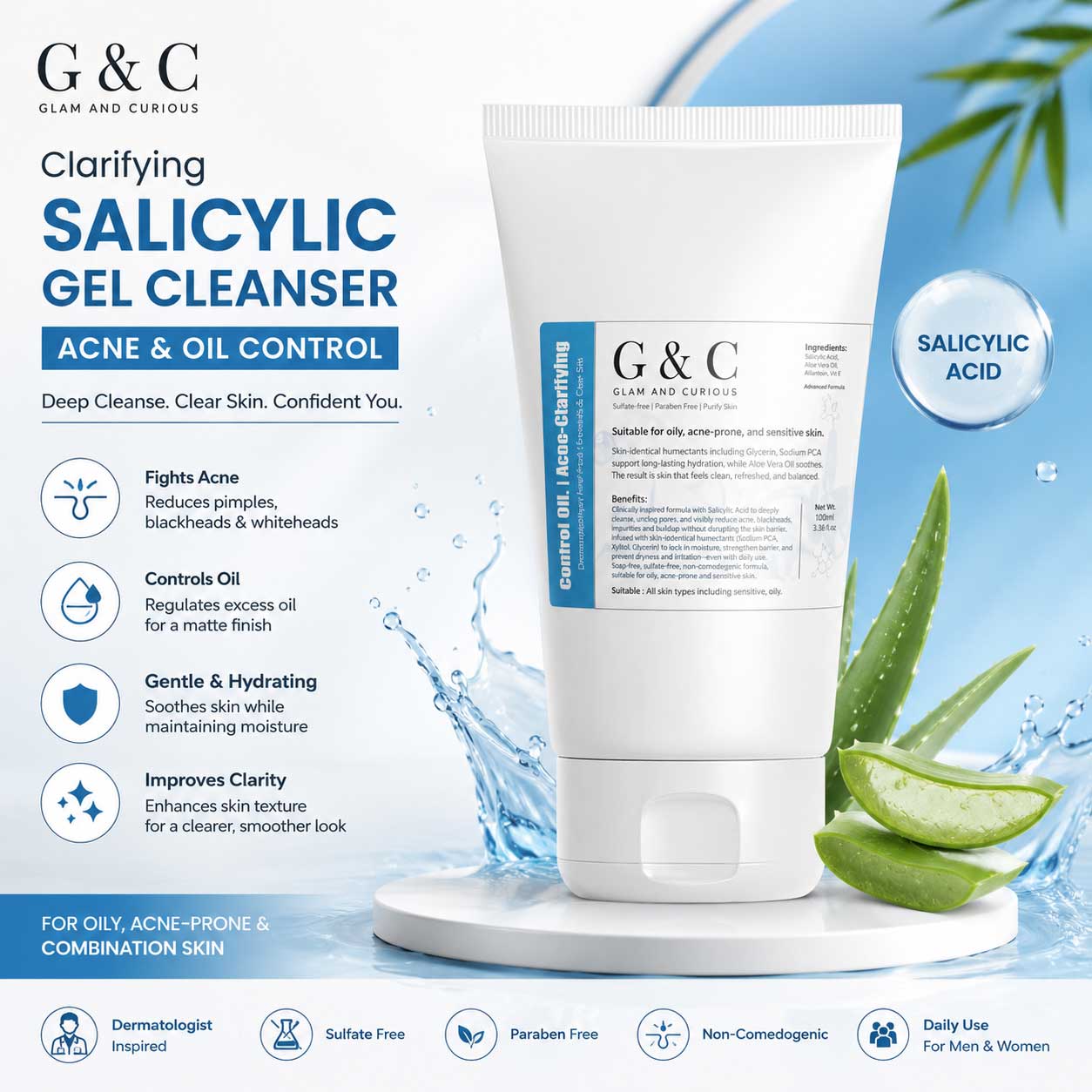 Glam & Curious Clarifying Salicylic Gel Cleanser for acne and oil control, with gel texture and clear packaging.