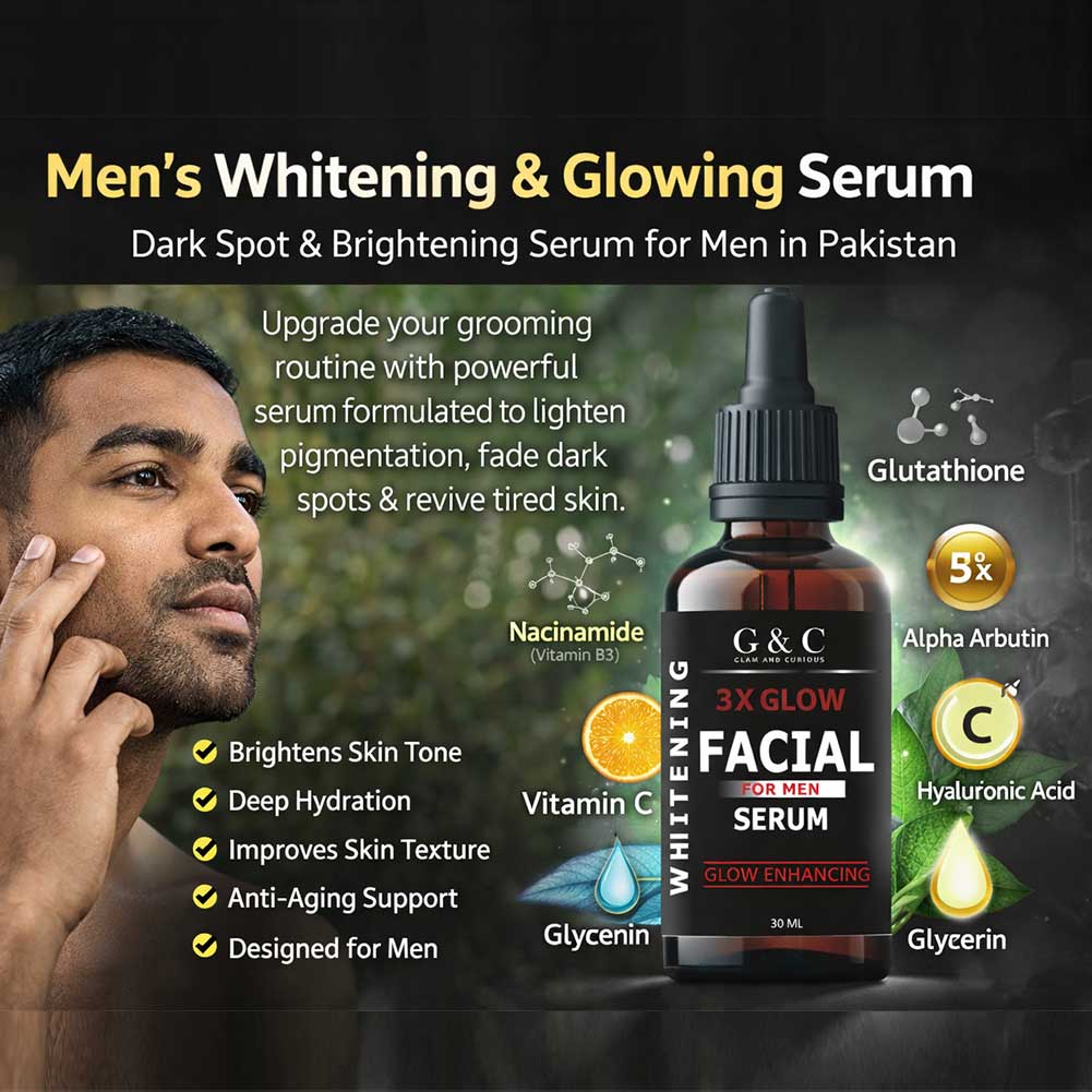 Men’s whitening and brightening serum by Glam & Curious showing a sleek serum bottle on a clean surface.