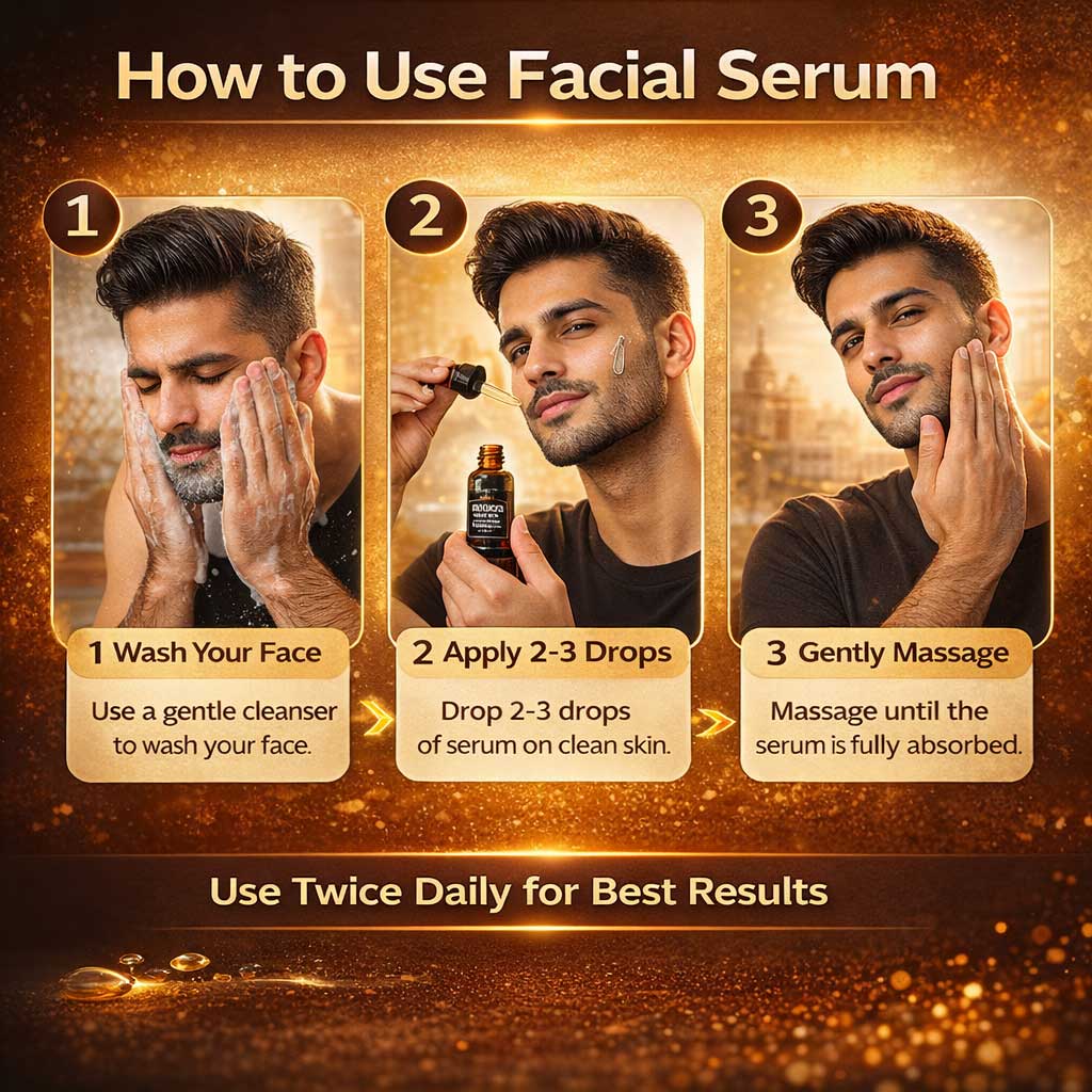 Men’s whitening and brightening serum by Glam & Curious, showing the serum bottle and application tips for glowing, elastic skin.