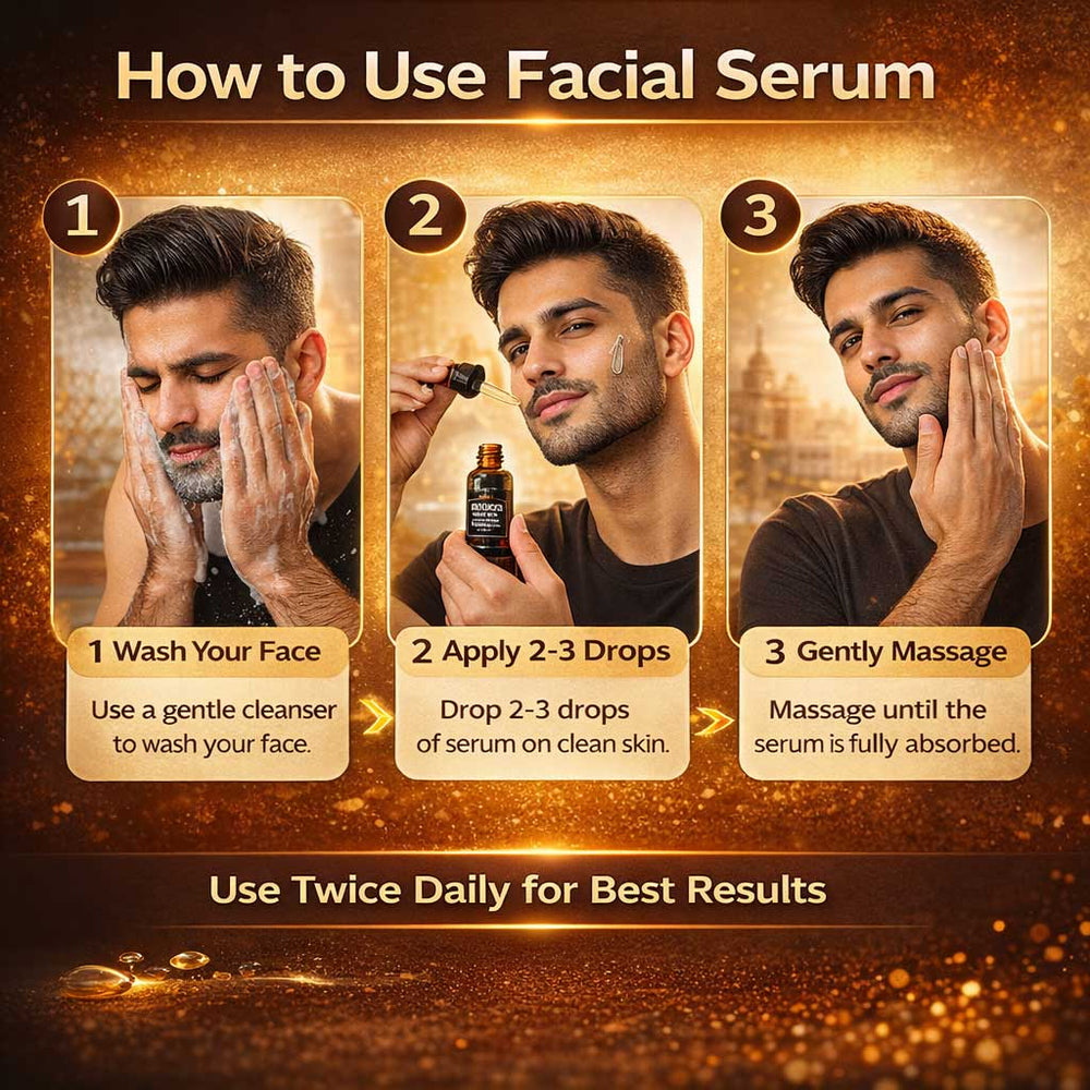 Men’s whitening and brightening serum by Glam & Curious, showing the serum bottle and application tips for glowing, elastic skin.