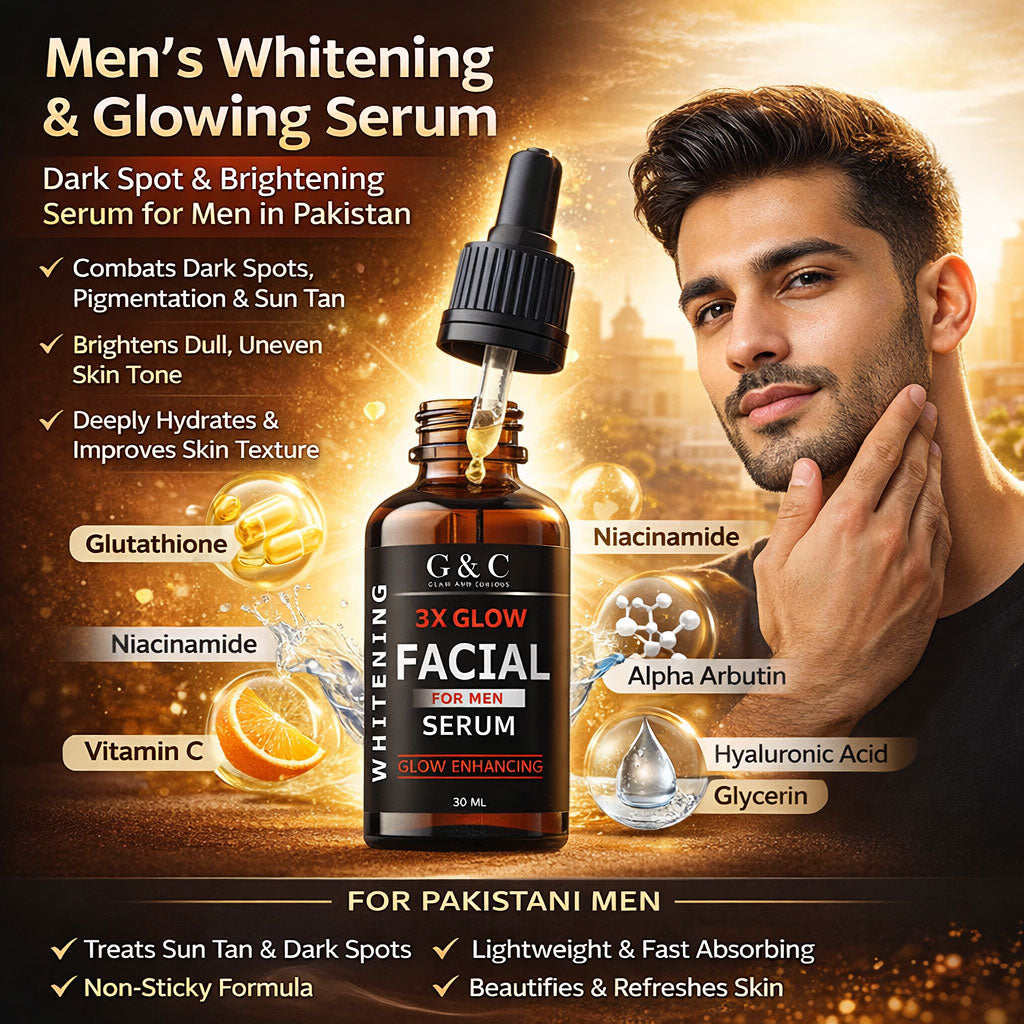 Men’s Glam & Curious brightening serum bottle showing the skincare product with a sleek design and clear labeling.