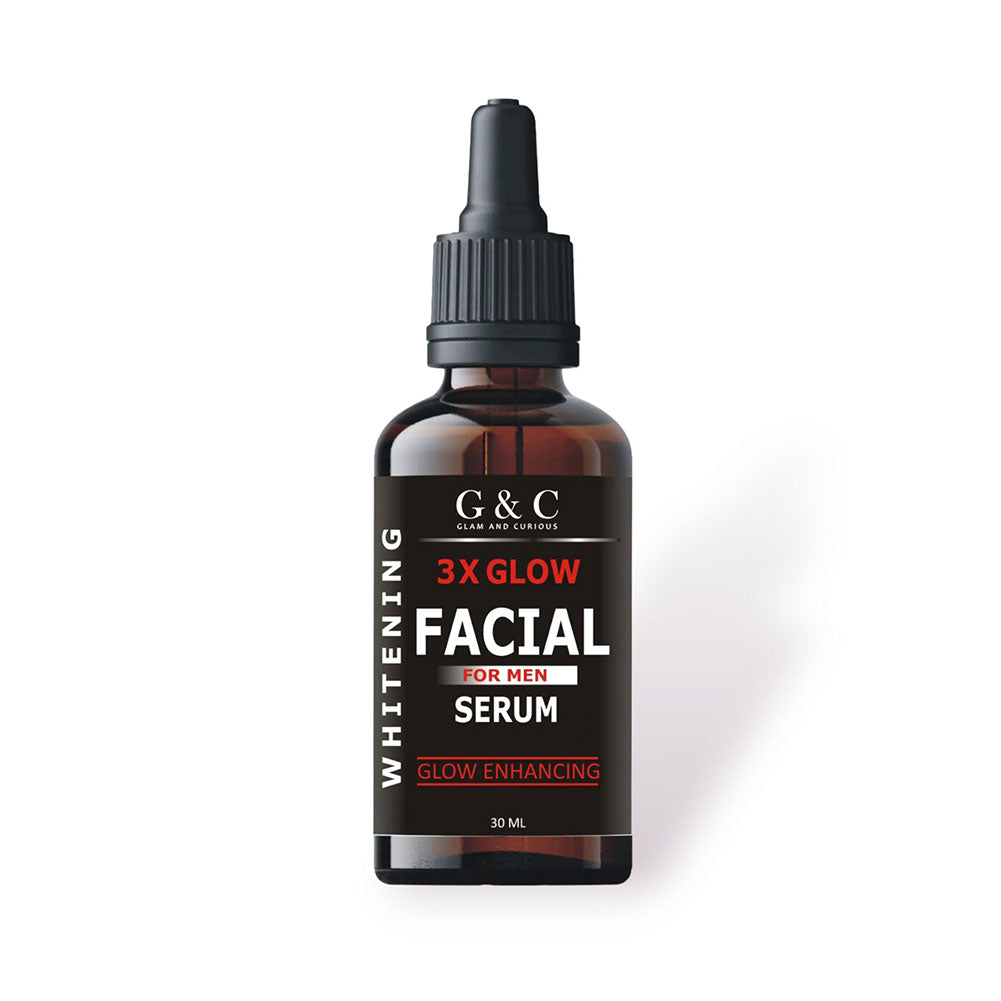 Men’s whitening and brightening serum by Glam & Curious, shown in a sleek bottle, designed to boost glow and skin elasticity.