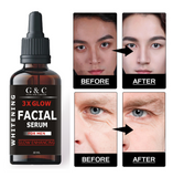 Men’s whitening and brightening serum by Glam & Curious with a dropper applicator, showing a clear serum in a sleek bottle.