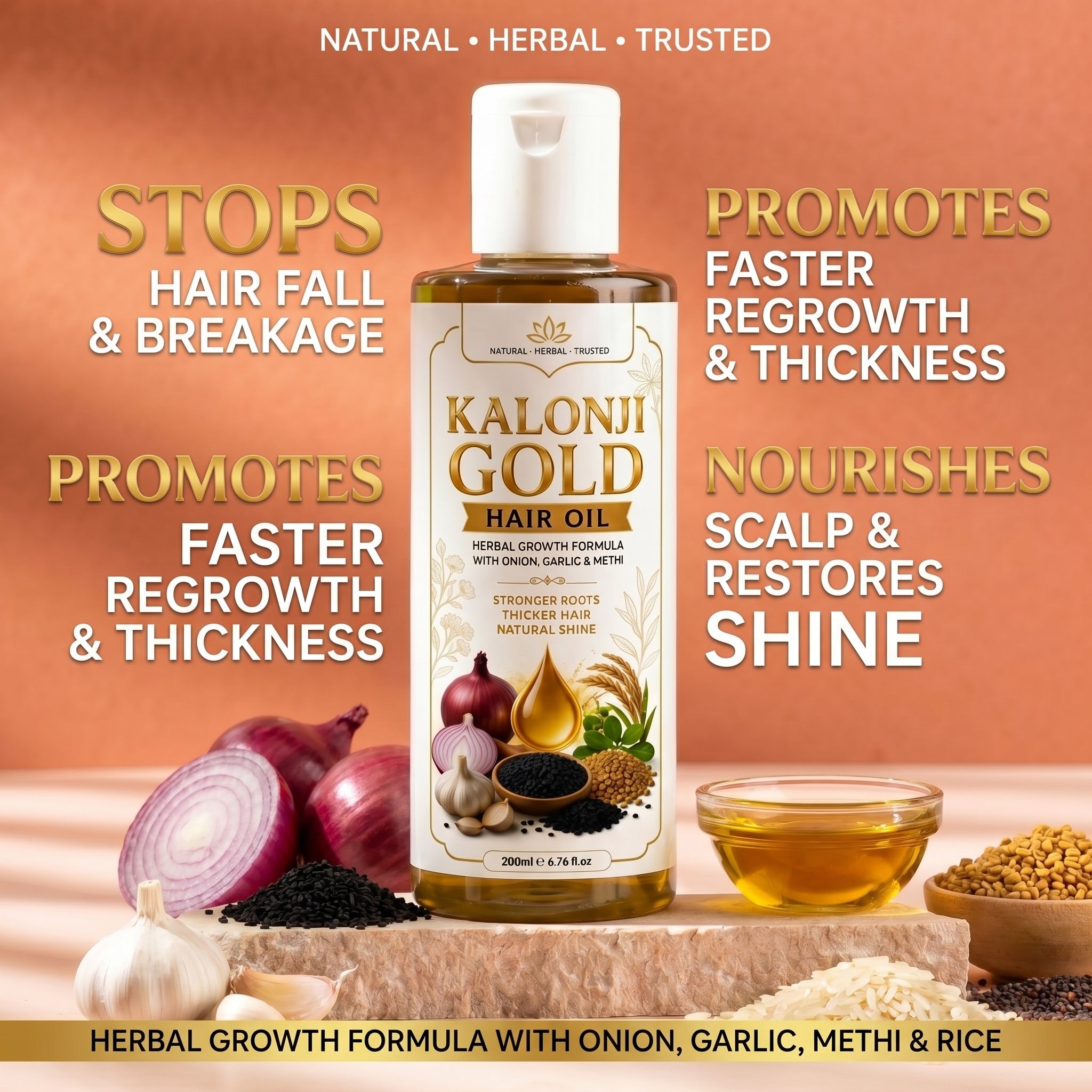 Glam & Curious Kalonji Gold Hair Oil with onion, garlic, and methi for herbal hair growth, strength, and shine.