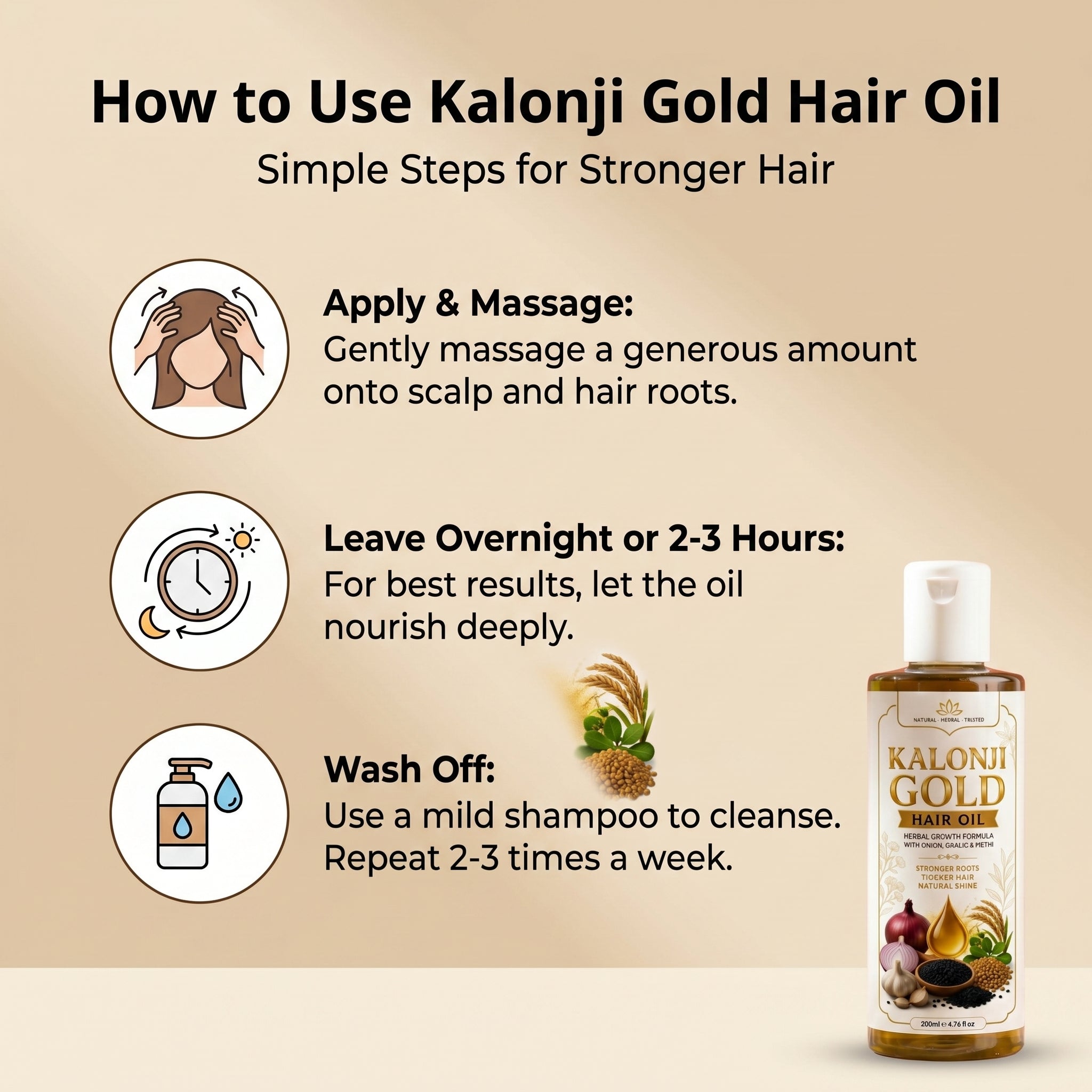 Kalonji Gold Hair Oil by Glam & Curious with onion, garlic, and methi for herbal hair growth, strength, thickness, and shine.