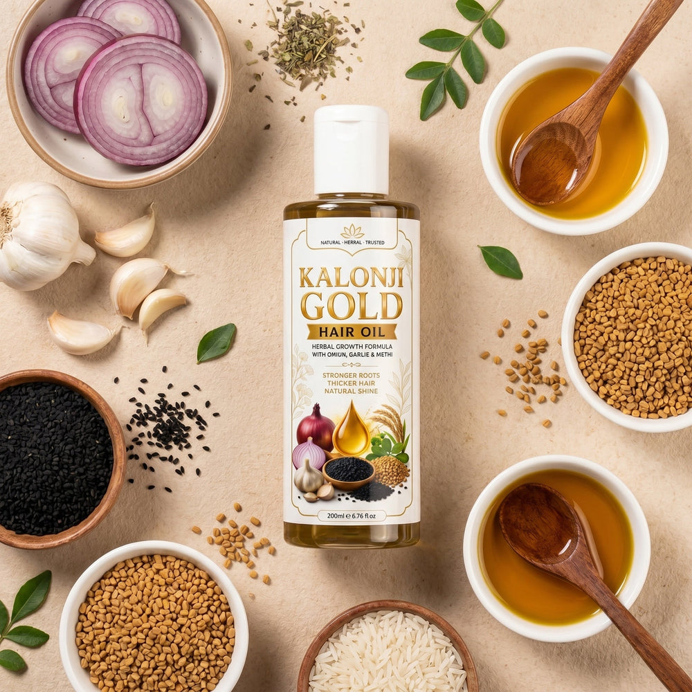Glam & Curious Kalonji Gold Hair Oil bottle with herbal ingredients like onion, garlic, and methi for stronger, thicker, shinier hair.