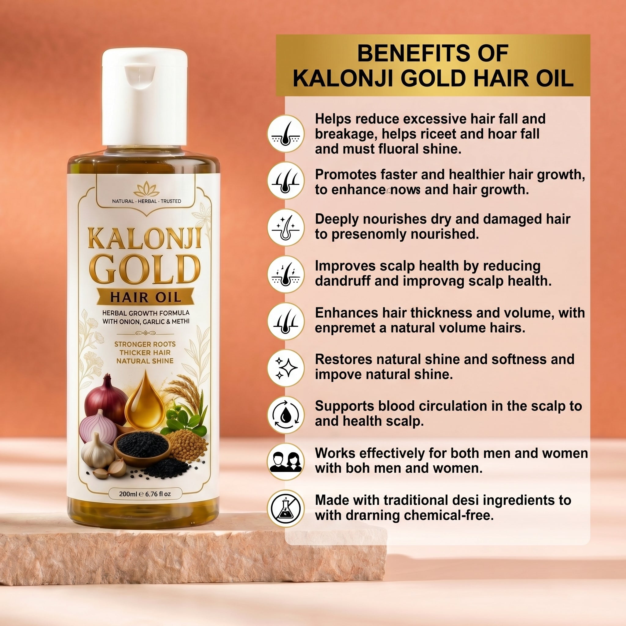Glam & Curious Kalonji Gold Hair Oil with onion, garlic, and methi for stronger, thicker, shinier hair in a herbal growth formula.