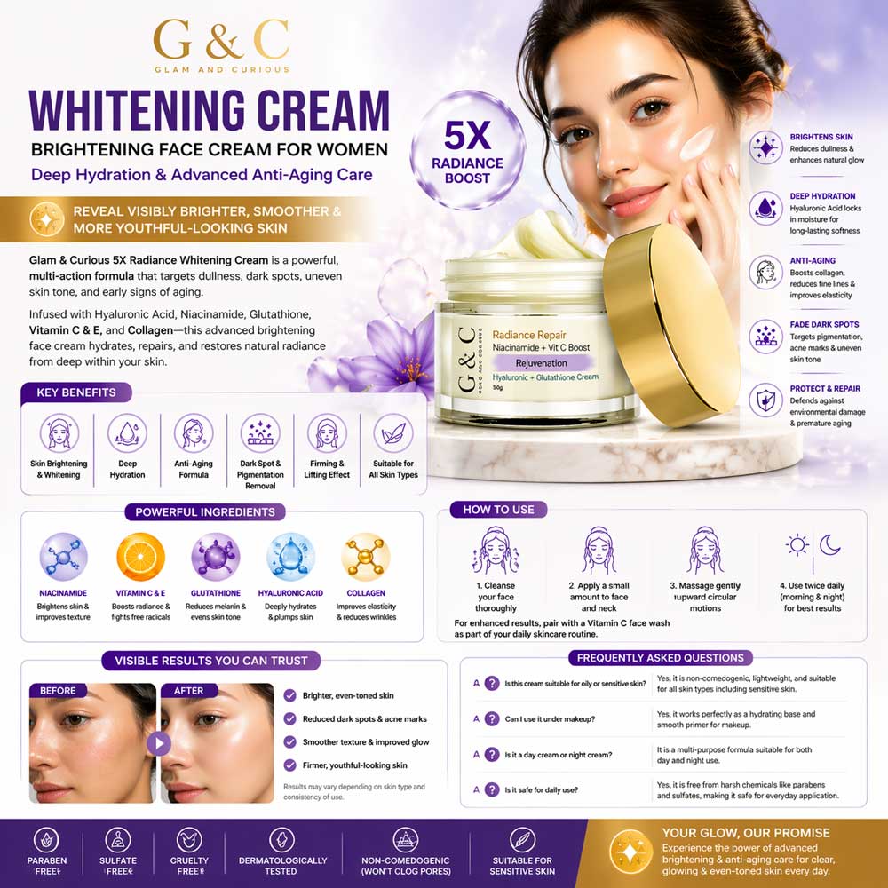 Glam & Curious whitening face cream for women, deeply hydrating anti-aging skincare with brightening and skin renewal benefits.