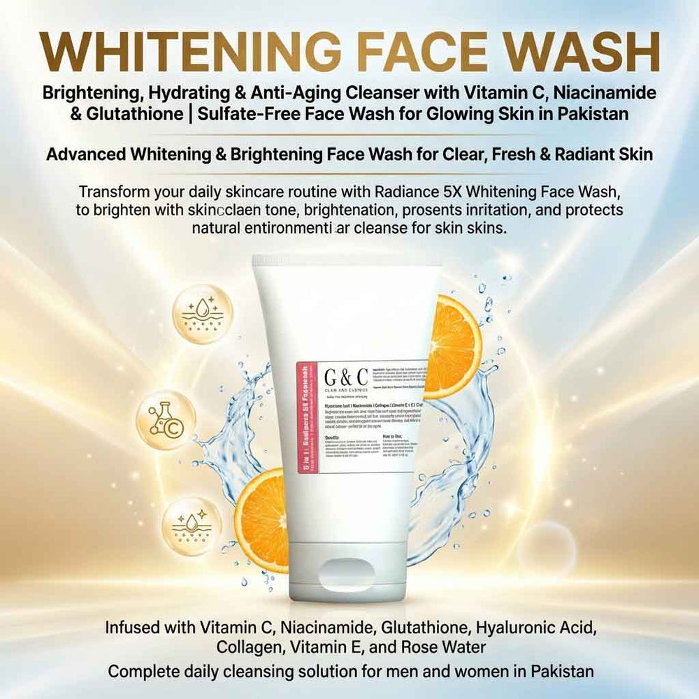 Glam & Curious sulfate-free whitening face wash in a pump bottle with a clear label, suitable for daily skin care.