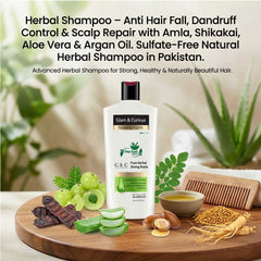 Glam & Curious herbal shampoo in a bottle, featuring natural ingredients like amla, shikakai, aloe vera, and argan oil for hair care.