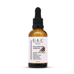 Glam & Curious Milia Removal Eye Serum showing a clear bottle with dropper, designed to reduce dark circles, fine lines, and firm the eye area.