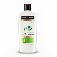 Glam & Curious herbal shampoo for anti hair fall, dandruff control, with Amla, Shikakai, Aloe Vera, and Argan Oil in Pakistan.