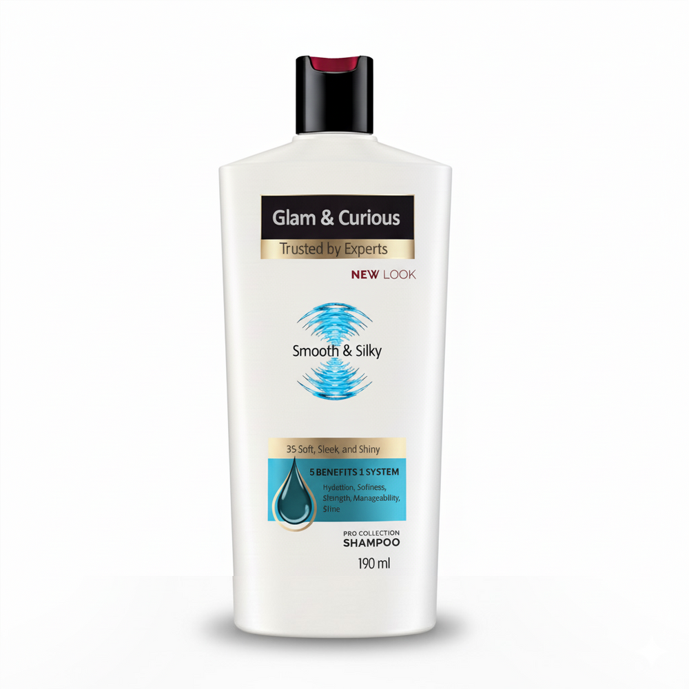 Glam & Curious Smooth & Silky Shampoo bottle with sleek packaging, designed for shiny, silky hair.