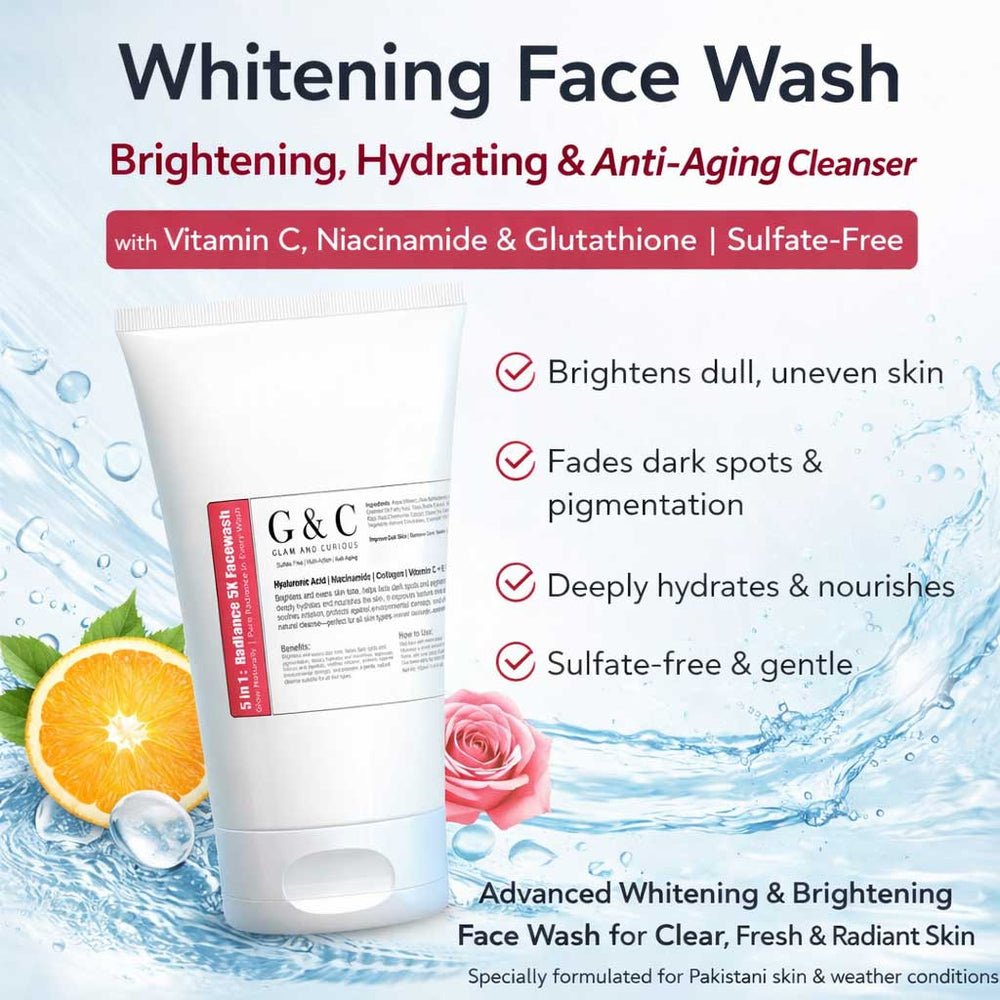 Glam & Curious sulfate-free whitening face wash with natural ingredients for brightening and cleansing skin.